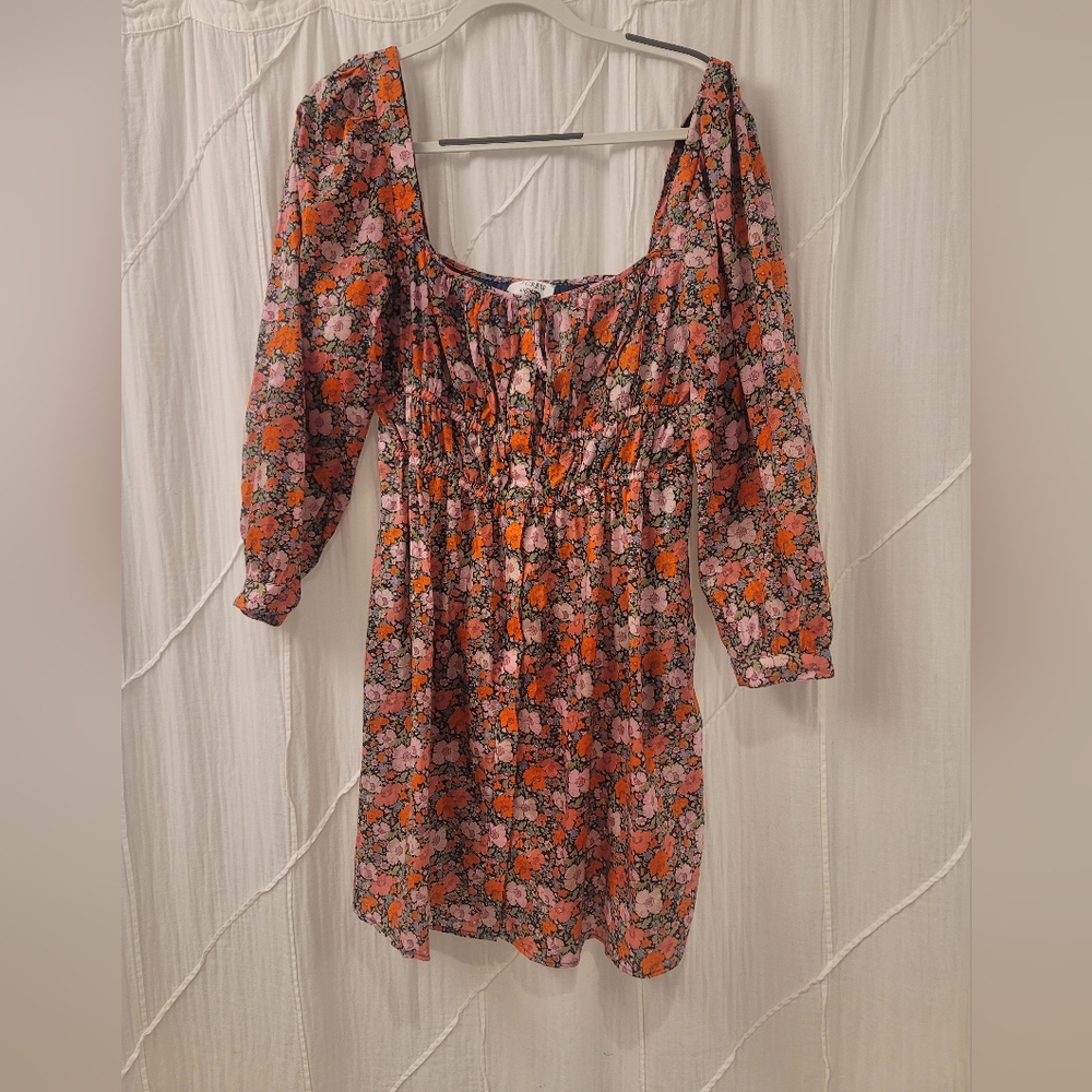 J. Crew Pink and Orange Smocked Sundress with Bishop Sleeves